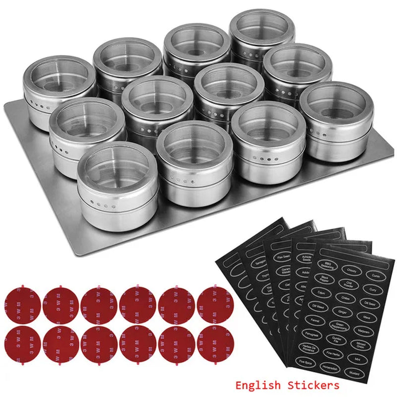 Magnetic Spice Jars with Wall Mounted Rack Stainless Steel Spice Tins Seasoning Containers with Spice Label Food Storage Base