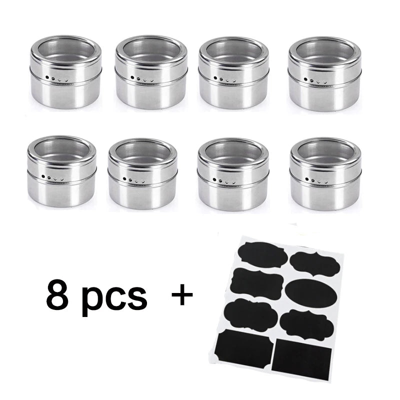 Magnetic Spice Jars with Wall Mounted Rack Stainless Steel Spice Tins Seasoning Containers with Spice Label Food Storage Base