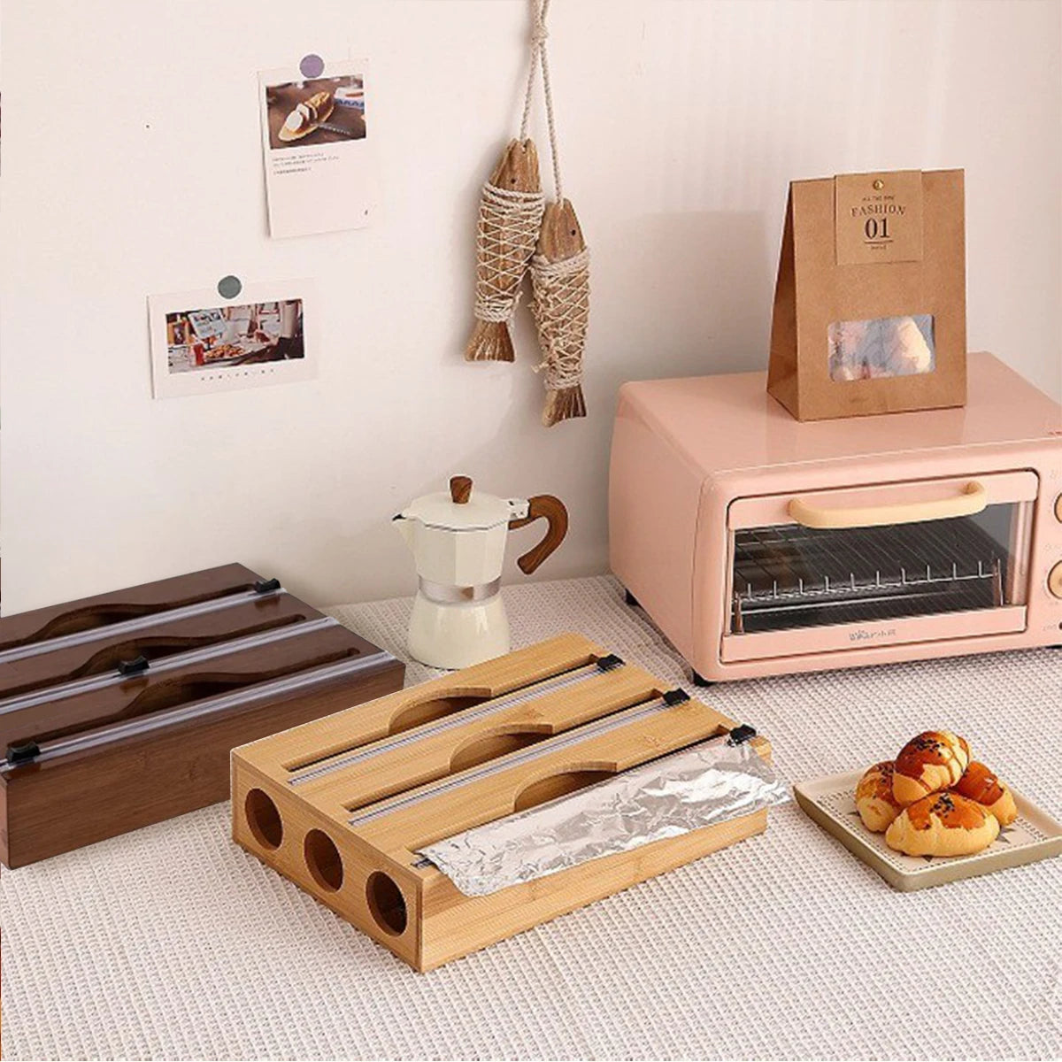 Cling Film Tin Foil Cutter, Kitchen Organizer, Bamboo Bag Cutting Box, Special Convenience, 1Pc