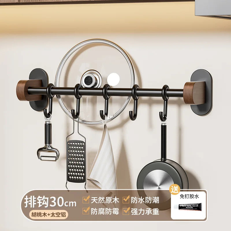 Walnut Wall Mount Kitchen Spice Organizer No-Punch Knife Rack, Cutlery Rack, Hooks, Cutting Board Rack, Kitchen Shelf Set