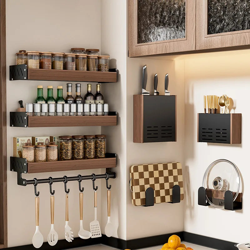 Walnut Wall Mount Kitchen Spice Organizer No-Punch Knife Rack, Cutlery Rack, Hooks, Cutting Board Rack, Kitchen Shelf Set