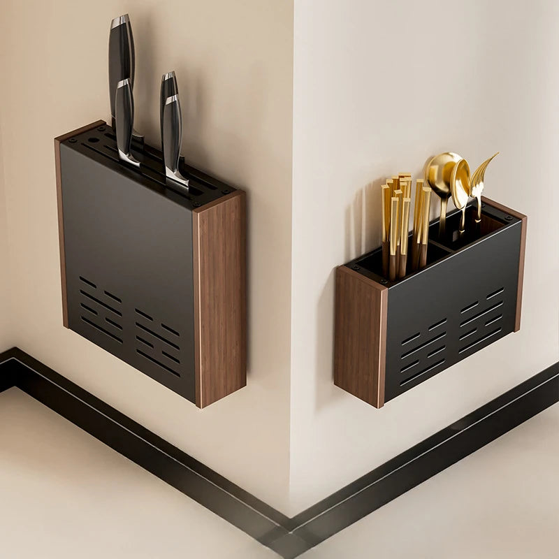 Walnut Wall Mount Kitchen Spice Organizer No-Punch Knife Rack, Cutlery Rack, Hooks, Cutting Board Rack, Kitchen Shelf Set