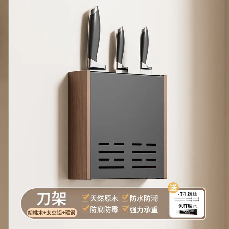 Walnut Wall Mount Kitchen Spice Organizer No-Punch Knife Rack, Cutlery Rack, Hooks, Cutting Board Rack, Kitchen Shelf Set