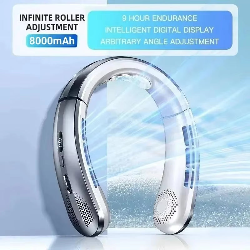 8000Mah USB Hanging Neck Fan Portable Bladeless Mini Rechargeable Mute LED Digital Display Electric Air Cooler Handheld