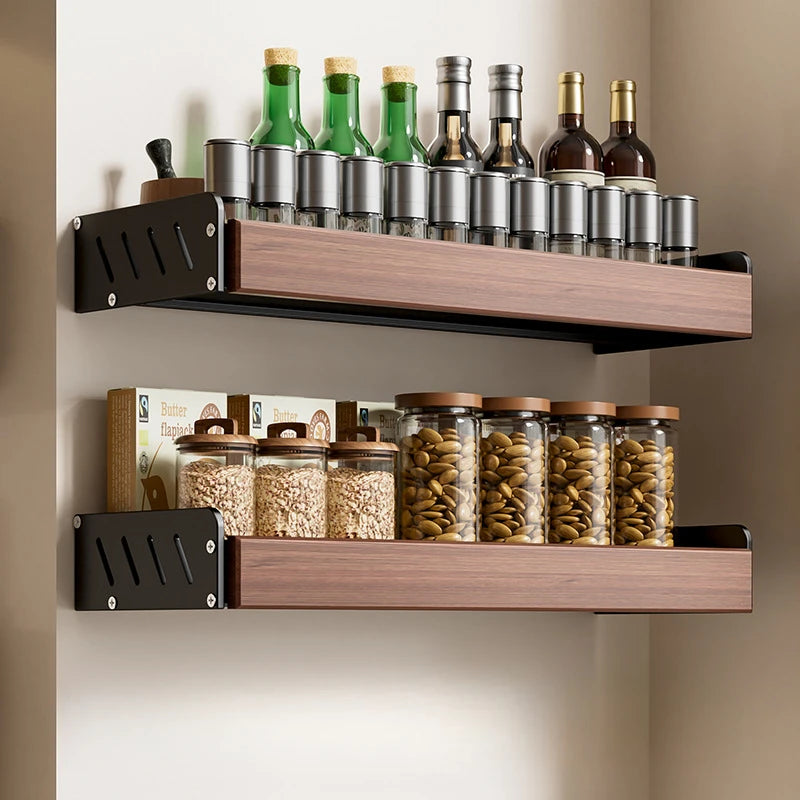 Walnut Wall Mount Kitchen Spice Organizer No-Punch Knife Rack, Cutlery Rack, Hooks, Cutting Board Rack, Kitchen Shelf Set