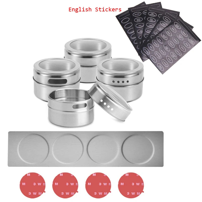 Magnetic Spice Jars with Wall Mounted Rack Stainless Steel Spice Tins Seasoning Containers with Spice Label Food Storage Base