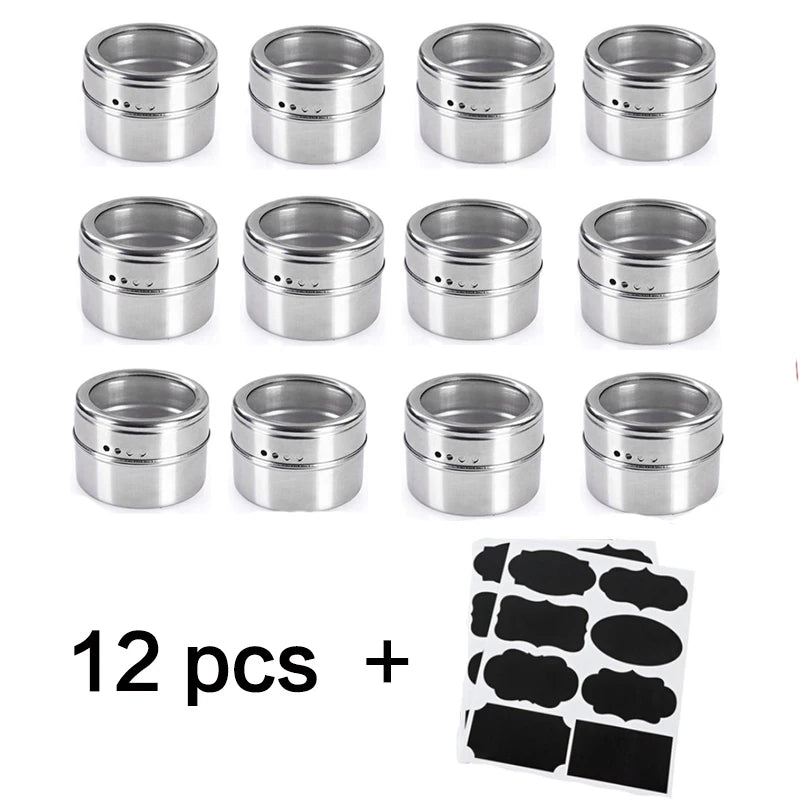 Magnetic Spice Jars with Wall Mounted Rack Stainless Steel Spice Tins Seasoning Containers with Spice Label Food Storage Base