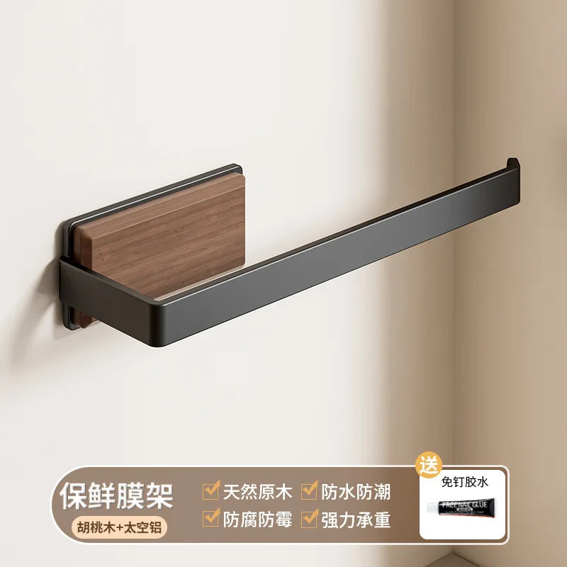 Walnut Wall Mount Kitchen Spice Organizer No-Punch Knife Rack, Cutlery Rack, Hooks, Cutting Board Rack, Kitchen Shelf Set