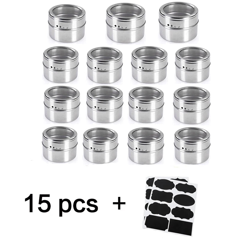 Magnetic Spice Jars with Wall Mounted Rack Stainless Steel Spice Tins Seasoning Containers with Spice Label Food Storage Base