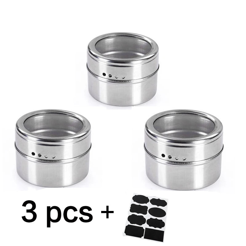Magnetic Spice Jars with Wall Mounted Rack Stainless Steel Spice Tins Seasoning Containers with Spice Label Food Storage Base