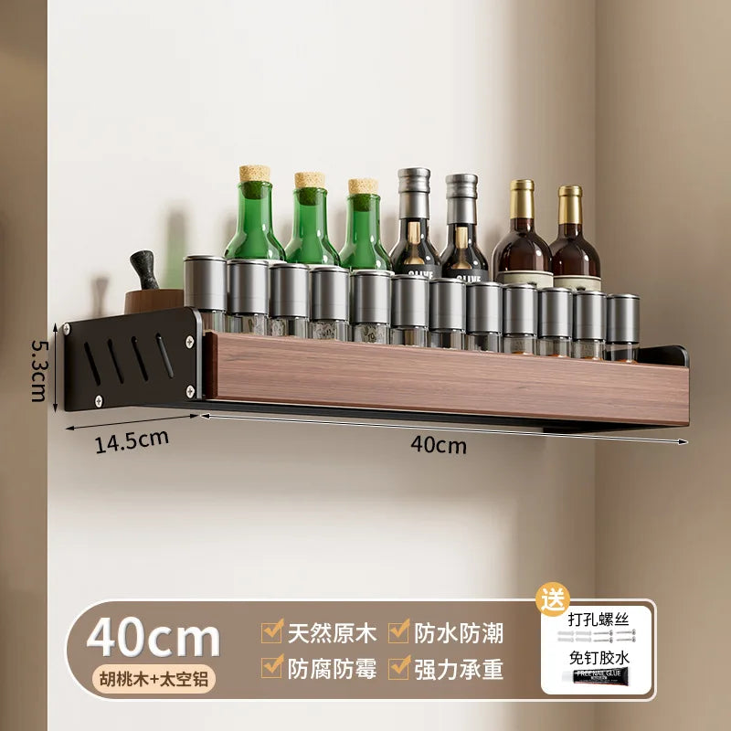 Walnut Wall Mount Kitchen Spice Organizer No-Punch Knife Rack, Cutlery Rack, Hooks, Cutting Board Rack, Kitchen Shelf Set