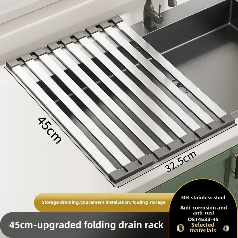 304 Stainless Steel Kitchen Sink Drain Rack, Sink Bowl and Dish Storage Rack, Foldable and Retractable Drain Basket