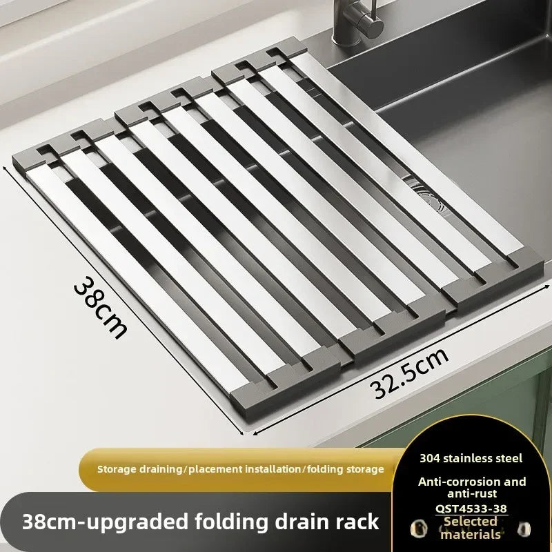 304 Stainless Steel Kitchen Sink Drain Rack, Sink Bowl and Dish Storage Rack, Foldable and Retractable Drain Basket
