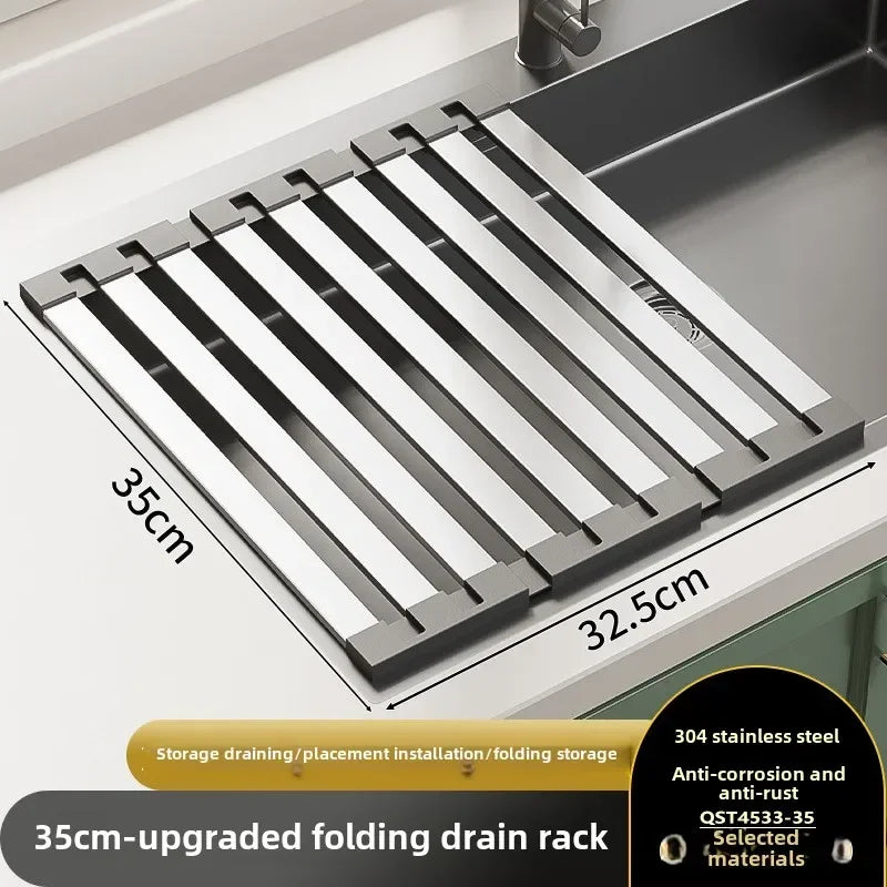 304 Stainless Steel Kitchen Sink Drain Rack, Sink Bowl and Dish Storage Rack, Foldable and Retractable Drain Basket