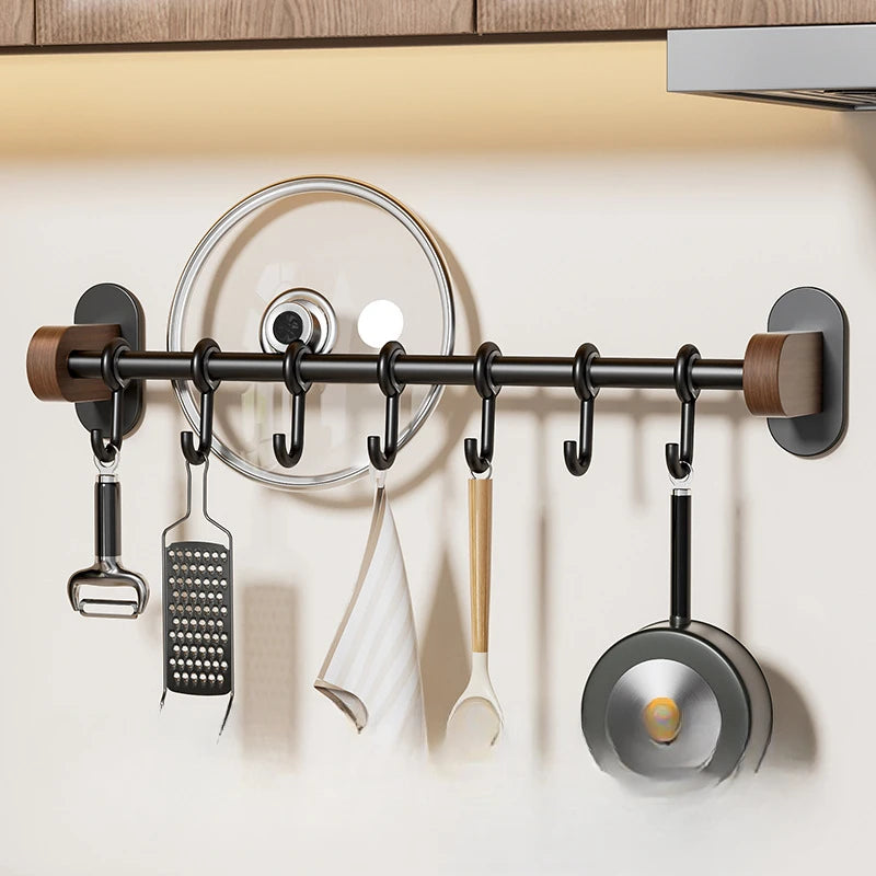 Walnut Wall Mount Kitchen Spice Organizer No-Punch Knife Rack, Cutlery Rack, Hooks, Cutting Board Rack, Kitchen Shelf Set
