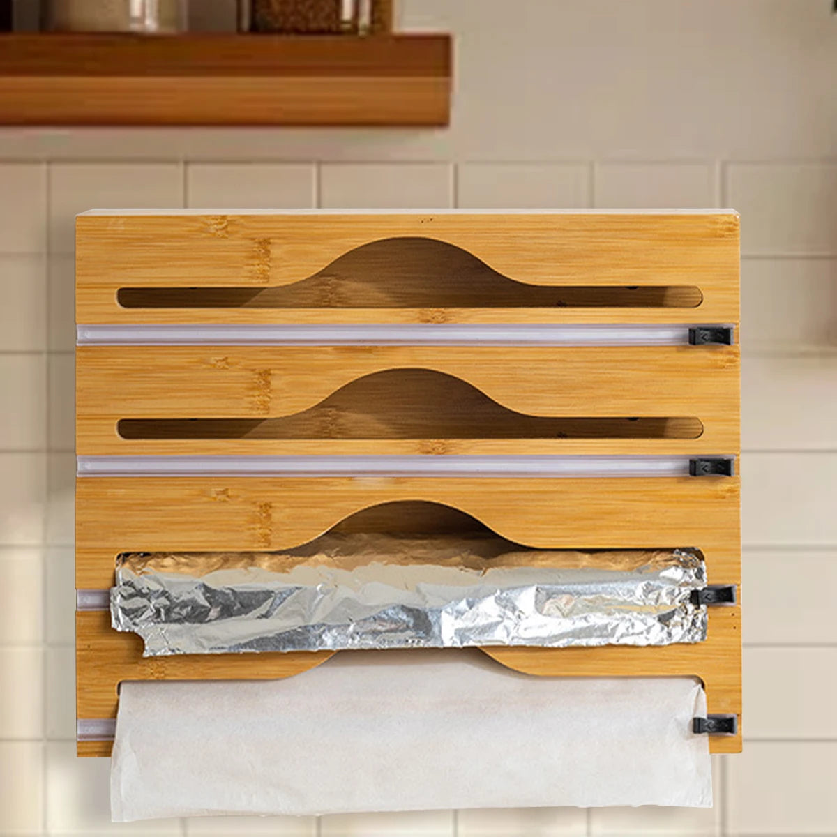 Cling Film Tin Foil Cutter, Kitchen Organizer, Bamboo Bag Cutting Box, Special Convenience, 1Pc