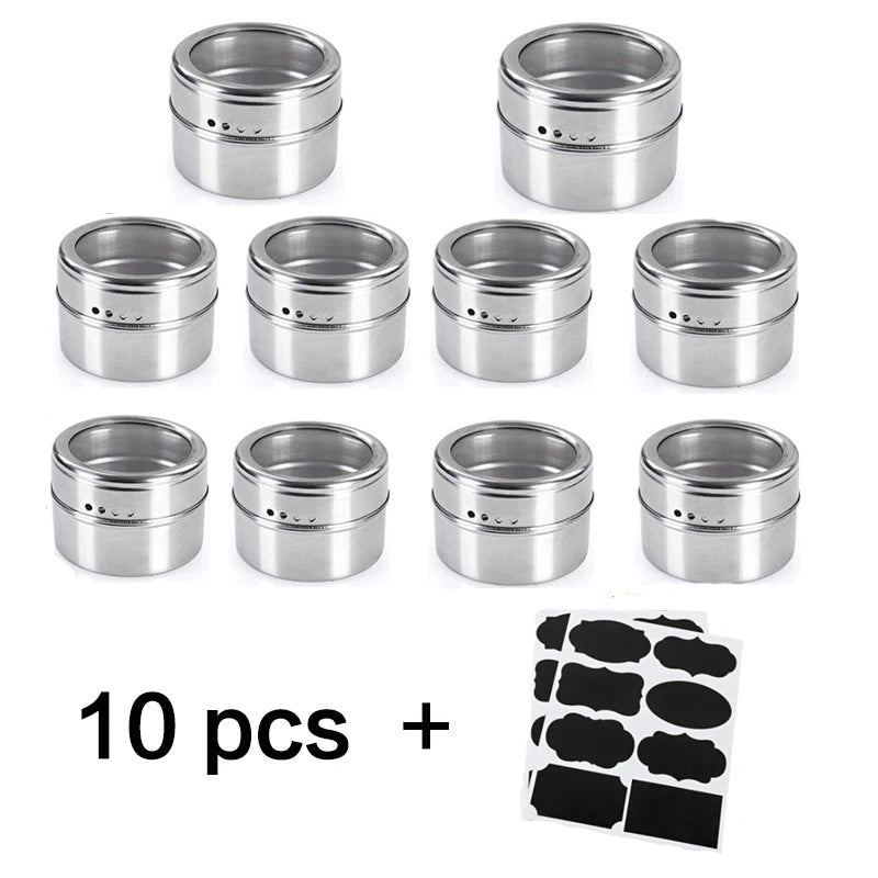 Magnetic Spice Jars with Wall Mounted Rack Stainless Steel Spice Tins Seasoning Containers with Spice Label Food Storage Base