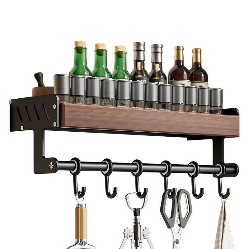 Walnut Wall Mount Kitchen Spice Organizer No-Punch Knife Rack, Cutlery Rack, Hooks, Cutting Board Rack, Kitchen Shelf Set
