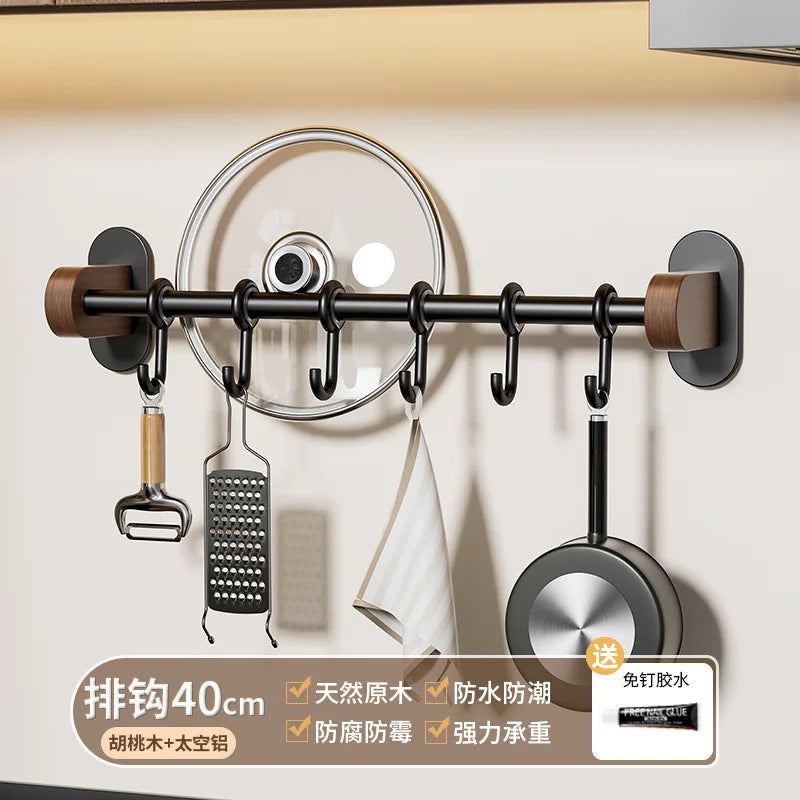 Walnut Wall Mount Kitchen Spice Organizer No-Punch Knife Rack, Cutlery Rack, Hooks, Cutting Board Rack, Kitchen Shelf Set